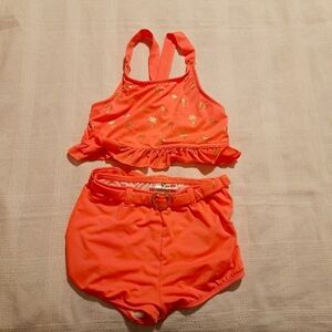 Lemon Kiss girls size Large or 10/12 neon coral with gold design 2 piece